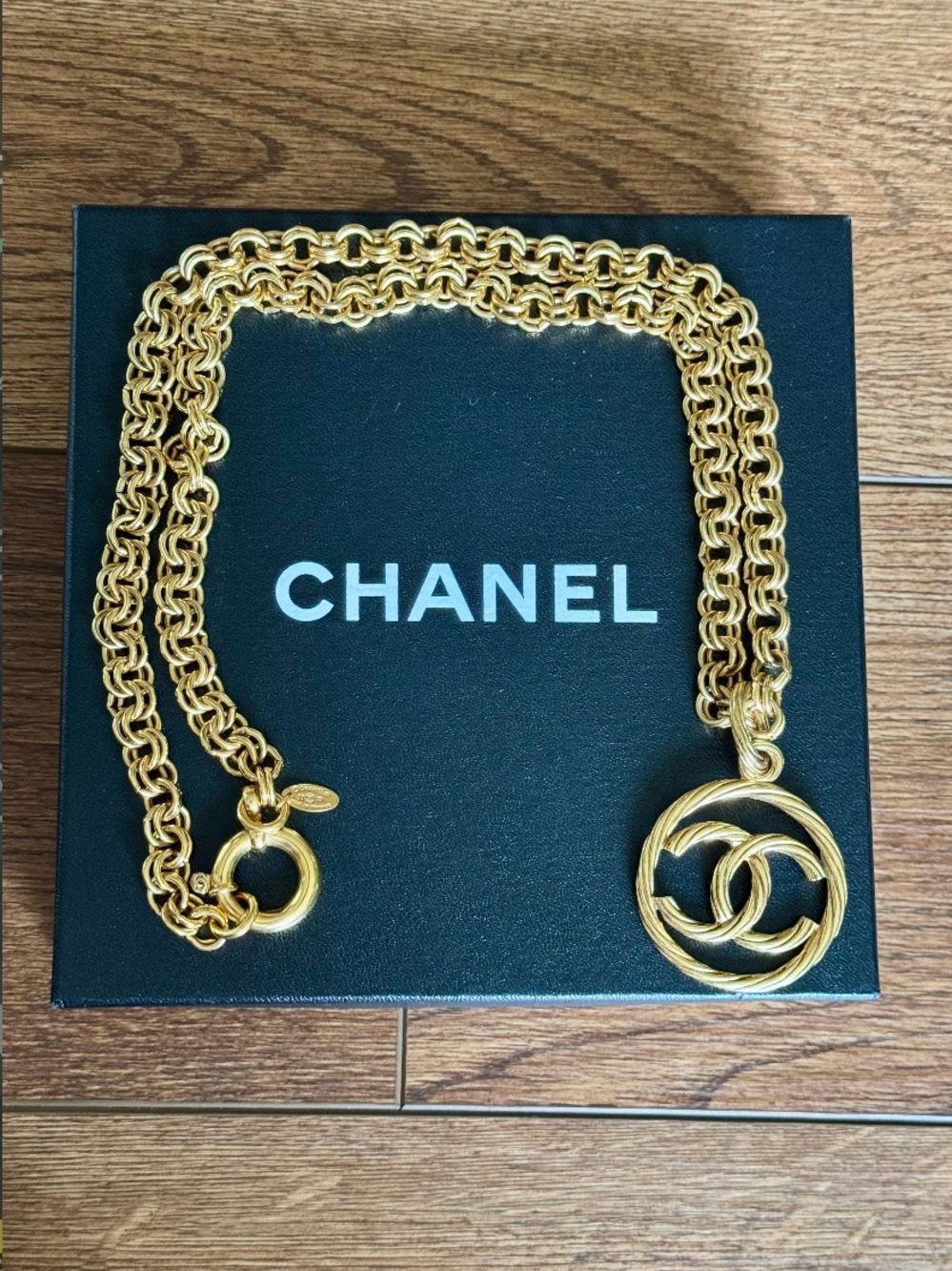 Vintage ‘93 Chanel Gold-Tone CC Pendant Necklace w box and gift bag.